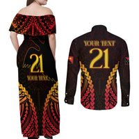 Custom Papua New Guinea Cricket Couples Matching Off Shoulder Maxi Dress and Long Sleeve Button Shirt Go Barramundis LT9 - Polynesian Pride