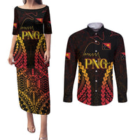 Custom Papua New Guinea Cricket Couples Matching Puletasi and Long Sleeve Button Shirt Go Barramundis LT9 Black - Polynesian Pride