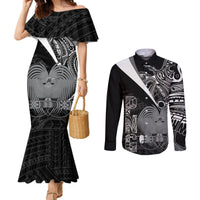 Custom Papua New Guinea Cricket Couples Matching Mermaid Dress and Long Sleeve Button Shirt Tribal Bird of Paradise Tattoo LT9 Black - Polynesian Pride