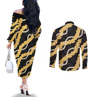 Aloha Melemele Hibiscus Pikake Lei Couples Matching Off The Shoulder Long Sleeve Dress and Long Sleeve Button Shirt Hawaiian Quilt Pattern