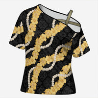 Aloha Melemele Hibiscus Pikake Lei Cross Shoulder Shirt Hawaiian Quilt Pattern LT9 Female Black - Polynesian Pride