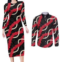 Aloha Ula'ula Hibiscus Pikake Lei Couples Matching Long Sleeve Bodycon Dress and Long Sleeve Button Shirt Hawaiian Quilt Pattern