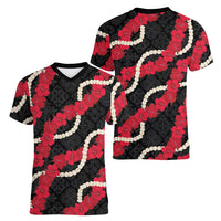 Aloha Ula'ula Hibiscus Pikake Lei Women V-Neck T-Shirt Hawaiian Quilt Pattern LT9 - Polynesian Pride