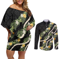 Puakenikeni Anthurium Pikake Lei Couples Matching Off Shoulder Short Dress and Long Sleeve Button Shirt Hawaiian Quilt Pattern LT9 Black - Polynesian Pride