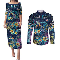 Plumeria Turtles Traditional Tribal Couples Matching Puletasi and Long Sleeve Button Shirt LT9 Black - Polynesian Pride