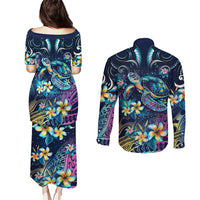 Plumeria Turtles Traditional Tribal Couples Matching Puletasi and Long Sleeve Button Shirt LT9 - Polynesian Pride