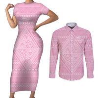 Custom New Zealand Basketball Indigenous Couples Matching Short Sleeve Bodycon Dress and Long Sleeve Button Shirt LT9 Pink - Polynesian Pride