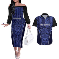Custom Basketball New Zealand Couples Matching Off The Shoulder Long Sleeve Dress and Hawaiian Shirt Blue Maori Ta Moko Indigenous - Polynesian Pride
