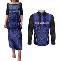 Custom Basketball New Zealand Couples Matching Puletasi and Long Sleeve Button Shirt Blue Maori Ta Moko Indigenous LT9 Blue - Polynesian Pride