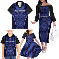 Custom Basketball New Zealand Family Matching Off The Shoulder Long Sleeve Dress and Hawaiian Shirt Blue Maori Ta Moko Indigenous - Polynesian Pride