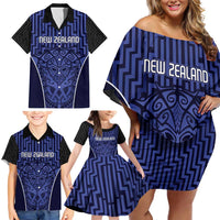 Custom Basketball New Zealand Family Matching Off Shoulder Short Dress and Hawaiian Shirt Blue Maori Ta Moko Indigenous - Polynesian Pride