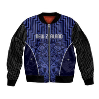 Custom Basketball New Zealand Sleeve Zip Bomber Jacket Blue Maori Ta Moko Indigenous - Polynesian Pride