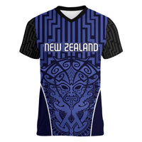 Custom Basketball New Zealand Women V-Neck T-Shirt Blue Maori Ta Moko Indigenous - Polynesian Pride