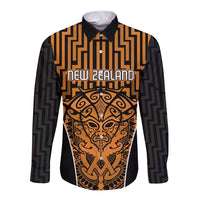 Custom Basketball New Zealand Long Sleeve Button Shirt Gold Maori Ta Moko Indigenous - Polynesian Pride
