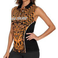 Custom Basketball New Zealand Women Sleeveless Polo Shirt Gold Maori Ta Moko Indigenous - Polynesian Pride