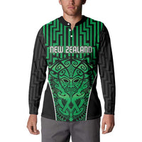 Custom Basketball New Zealand Button Sweatshirt Green Maori Ta Moko Indigenous - Polynesian Pride