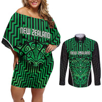 Custom Basketball New Zealand Couples Matching Off Shoulder Short Dress and Long Sleeve Button Shirt Green Maori Ta Moko Indigenous - Polynesian Pride