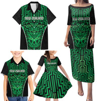 Custom Basketball New Zealand Family Matching Puletasi and Hawaiian Shirt Green Maori Ta Moko Indigenous - Polynesian Pride