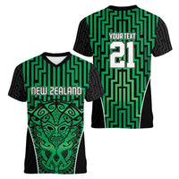 Custom Basketball New Zealand Women V-Neck T-Shirt Green Maori Ta Moko Indigenous - Polynesian Pride