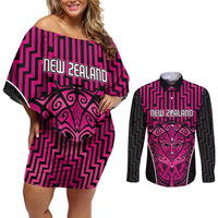 Custom Basketball New Zealand Couples Matching Off Shoulder Short Dress and Long Sleeve Button Shirt Pink Maori Ta Moko Indigenous - Polynesian Pride