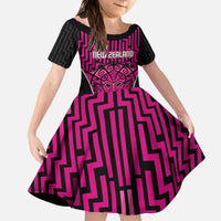 Custom Basketball New Zealand Family Matching Off The Shoulder Long Sleeve Dress and Hawaiian Shirt Pink Maori Ta Moko Indigenous - Polynesian Pride