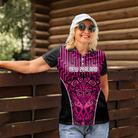 Custom Basketball New Zealand Women Polo Shirt Pink Maori Ta Moko Indigenous - Polynesian Pride