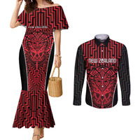 Custom Basketball New Zealand Couples Matching Mermaid Dress and Long Sleeve Button Shirt Red Maori Ta Moko Indigenous LT9 Red - Polynesian Pride