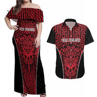 Custom Basketball New Zealand Couples Matching Off Shoulder Maxi Dress and Hawaiian Shirt Red Maori Ta Moko Indigenous - Polynesian Pride
