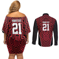 Custom Basketball New Zealand Couples Matching Off Shoulder Short Dress and Long Sleeve Button Shirt Red Maori Ta Moko Indigenous - Polynesian Pride