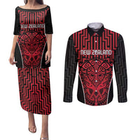 Custom Basketball New Zealand Couples Matching Puletasi and Long Sleeve Button Shirt Red Maori Ta Moko Indigenous LT9 Red - Polynesian Pride