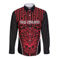 Custom Basketball New Zealand Long Sleeve Button Shirt Red Maori Ta Moko Indigenous LT9 Unisex Red - Polynesian Pride