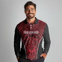 Custom Basketball New Zealand Long Sleeve Polo Shirt Red Maori Ta Moko Indigenous - Polynesian Pride