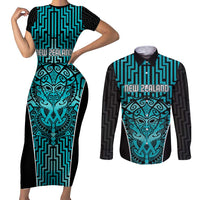 Custom Basketball New Zealand Couples Matching Short Sleeve Bodycon Dress and Long Sleeve Button Shirt Teal Maori Ta Moko Indigenous - Polynesian Pride