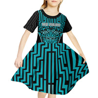 Custom Basketball New Zealand Kid Short Sleeve Dress Teal Maori Ta Moko Indigenous - Polynesian Pride