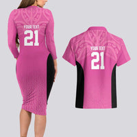 New Zealand Custom Couples Matching Long Sleeve Bodycon Dress and Hawaiian Shirt Fire Basketball Maori Tribal Pink - Polynesian Pride