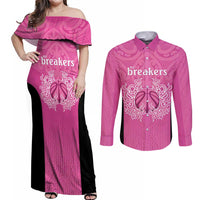 New Zealand Custom Couples Matching Off Shoulder Maxi Dress and Long Sleeve Button Shirt Fire Basketball Maori Tribal Pink - Polynesian Pride