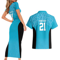 New Zealand Custom Couples Matching Short Sleeve Bodycon Dress and Hawaiian Shirt Fire Basketball Maori Tribal Sky Blue - Polynesian Pride