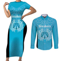 New Zealand Custom Couples Matching Short Sleeve Bodycon Dress and Long Sleeve Button Shirt Fire Basketball Maori Tribal Sky Blue - Polynesian Pride