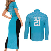 New Zealand Custom Couples Matching Short Sleeve Bodycon Dress and Long Sleeve Button Shirt Fire Basketball Maori Tribal Sky Blue - Polynesian Pride