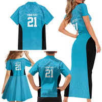 New Zealand Custom Family Matching Short Sleeve Bodycon Dress and Hawaiian Shirt Fire Basketball Maori Tribal Sky Blue - Polynesian Pride