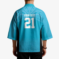 New Zealand Custom Kimono Fire Basketball Maori Tribal Sky Blue - Polynesian Pride