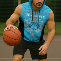 New Zealand Custom Sleeveless Zip Hoodie Fire Basketball Maori Tribal Sky Blue LT9 - Polynesian Pride