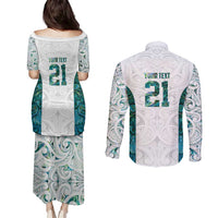 Custom New Zealand Aotearoa Couples Matching Puletasi and Long Sleeve Button Shirt Green Maori Paua Shell Indigenous LT9 - Polynesian Pride
