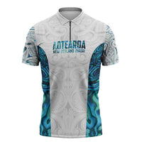 Custom New Zealand Aotearoa Zipper Polo Shirt Maori Paua Shell Indigenous - Polynesian Pride