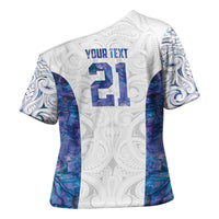 Custom New Zealand Aotearoa Cross Shoulder Shirt Purple Maori Paua Shell Indigenous - Polynesian Pride