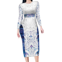 Custom New Zealand Aotearoa Long Sleeve Bodycon Dress Purple Maori Paua Shell Indigenous - Polynesian Pride