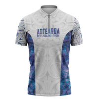 Custom New Zealand Aotearoa Zipper Polo Shirt Purple Maori Paua Shell Indigenous - Polynesian Pride