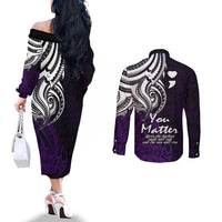 Your Matter Suicide Prevention Couples Matching Off The Shoulder Long Sleeve Dress and Long Sleeve Button Shirts Purple Polynesian Tribal LT9 - Polynesian Pride