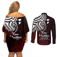 Your Matter Suicide Prevention Couples Matching Off Shoulder Short Dress and Long Sleeve Button Shirts Red Polynesian Tribal LT9 - Polynesian Pride