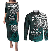 Your Matter Suicide Prevention Couples Matching Puletasi Dress and Long Sleeve Button Shirts Turqoise Polynesian Tribal LT9 Turquoise - Polynesian Pride